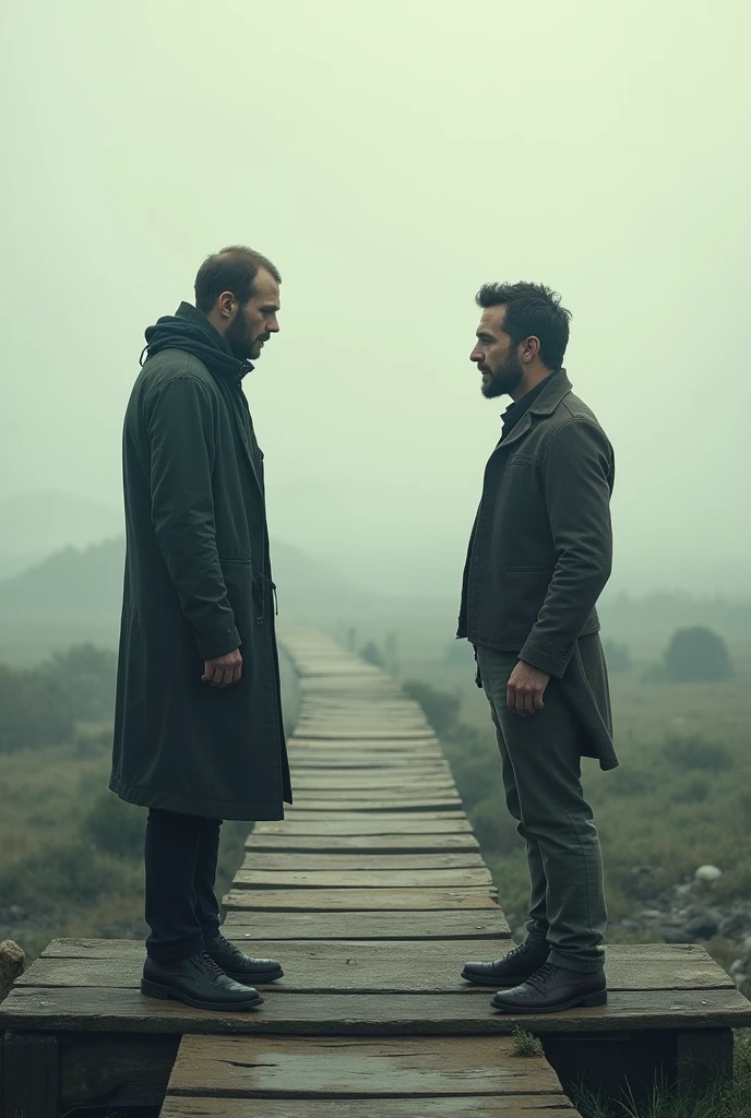 A man standing next to a platform and the other man standing on the other side of the platform looking at each other.
