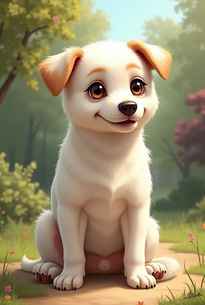 Create a realistic illustration of my childhood dog: he was a mongrel, Punchy, short legs, patola, all white and short fur. Well Very docile and lazy, shiny dark eyes. His name was Drizzle.