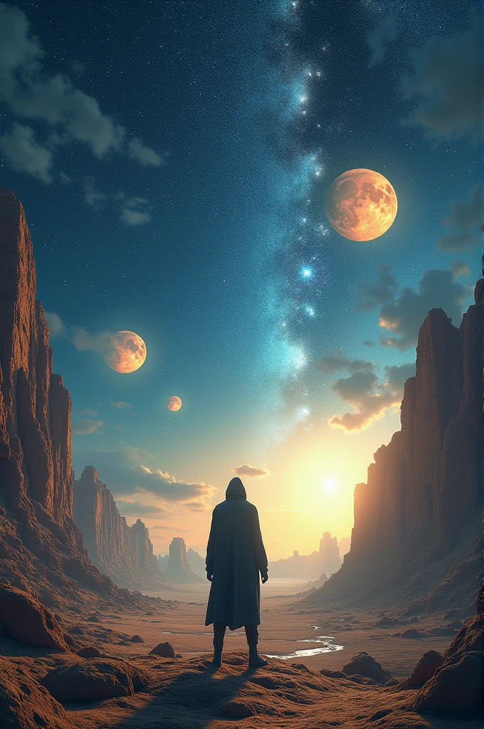 Person who dreams totally surreal worlds ancient landscapes outer space comets other galaxies and the 3 moons and three suns clear sky shooting stars