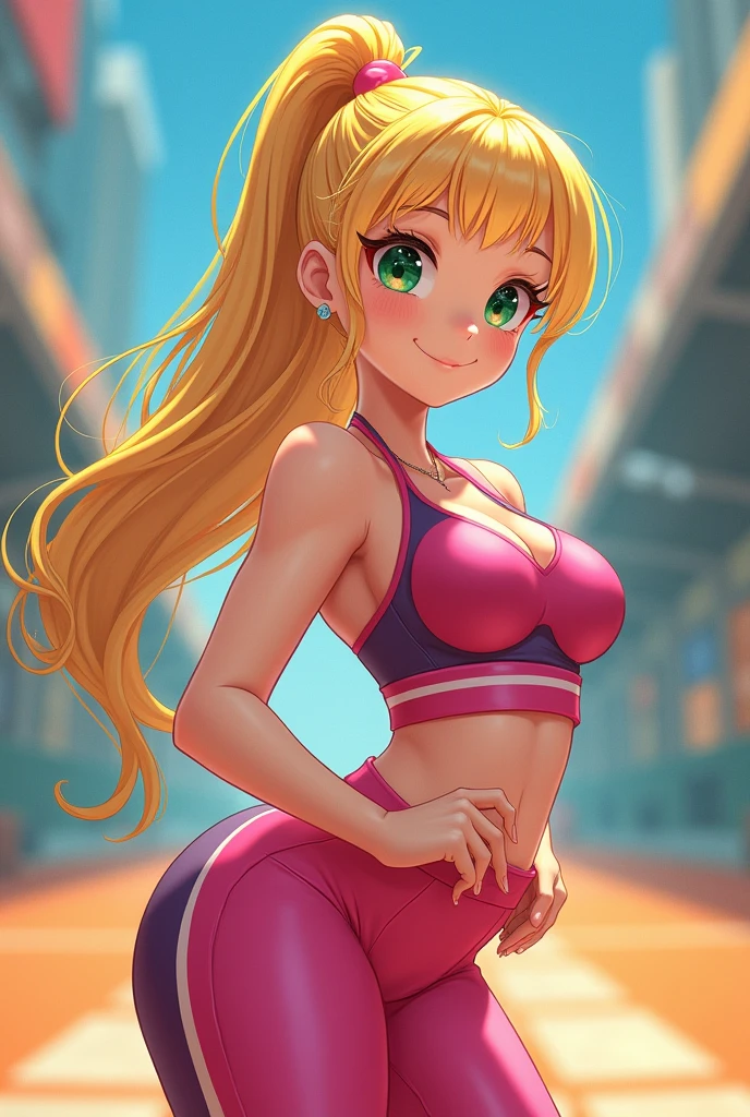 Girl wearing gym clothes، huge boob, huge ass, huge butt, small waist, tigh thigh, tight clothes,
anime style, cute style, green eyes, blonde hair, colourful shading.