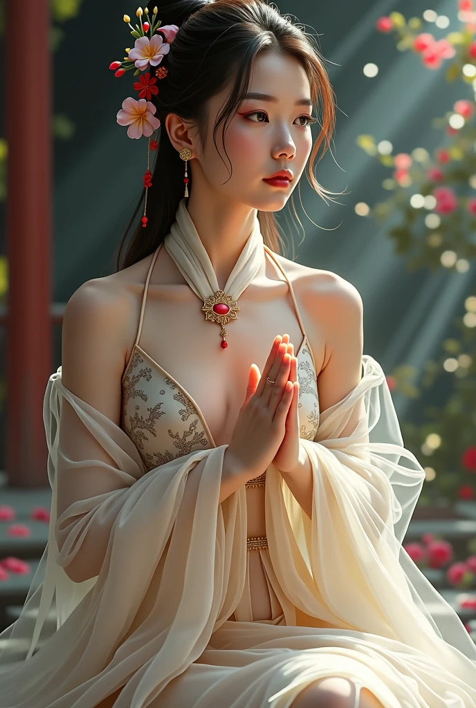 Je suis une beauté chinoise, portrait complet du corps assis, visage délicat avec de beaux yeux et un pont nasal haut, Porter un Hanfu blanc, mains jointes en prière, arrière-plan est le palais du dragon chinois, tissu tulle fluide, environnement brumeux, oeuvre de style fantastique, un travail de pinceau minutieux, détails exquis, et une qualité haute définition