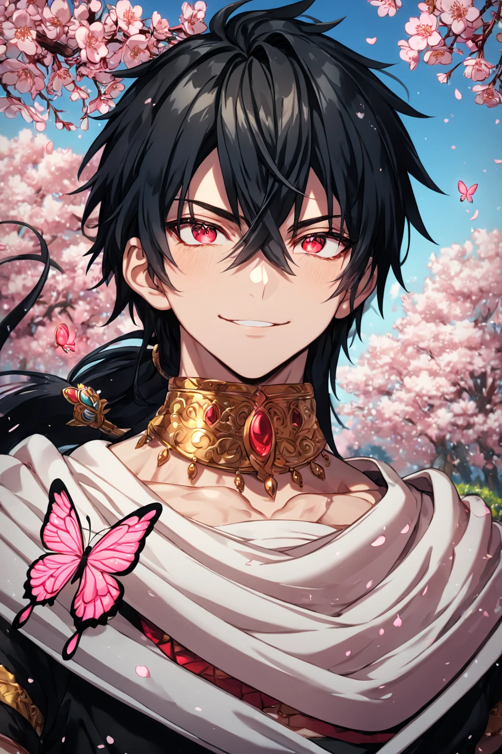 absurdres, highres, ultra detailed, HDR, master piece, best quality, extremely detailed, detailed face, detailed eyes, Judar, black hair, segmented long low ponytail, expressive red eyes, Magi: The Labyrinth Of Magic, solo, sexy man, handsome, smile, manly man, sensual, Indian white chunnari around his shoulders, small short-sleeved black midriff-baring choli, black Indian pants, golden necklace with a ruby, golden bracelets, garden, cherry blossoms, pink petals, pink flowers, pink butterflies, blue sky, fantasy, magical