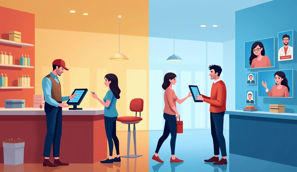 Photo showing the dichotomy between regular and digital sales, and how digital sales are more convenient. The left half shows the merchant's version as a digital helper in front of a counter serving a customer. The right half shows the version of the same merchant interacting with a dozen customers through a digital medium..