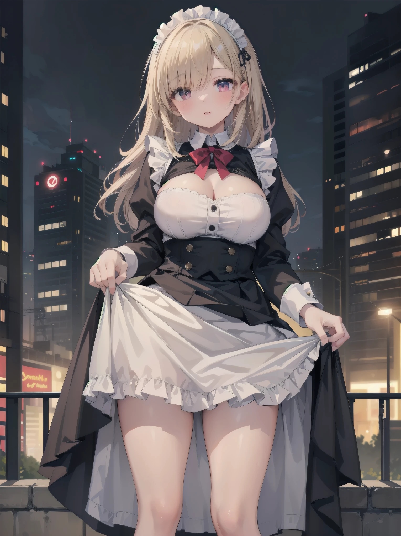 Highly detailed CG Unity 8k wallpaper, Top quality, Highly detailed, Masterpiece, Highly detailed pretty girl, , (((lifting skirt by herself))), (lifting skirt by herself)), dynamic angles, sexy pose, blush, lips apart, looking at audience, half body shot, (crowd), (crowded big city)), hair over one eye, immaculate beauty, less revealing maid outfit, classical maid fashion