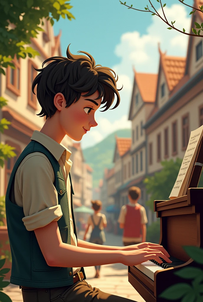 In a small, charming town, there lived a young man named Liam. Liam had a heart full of dreams and a mind filled with music. He spent his days playing the piano in the town square, his melodies drifting through the air like a soft breeze. The townspeople loved his music, but there was one person for whom he played most—Sophia.
Every day, as Sophia walked by, Liam would play a special tune—soft and sweet, like the feelings he had for her. He watched as she smiled at his music, her eyes sparkling with joy. But though she often stopped to listen, she never seemed to see the love in his eyes.
 
