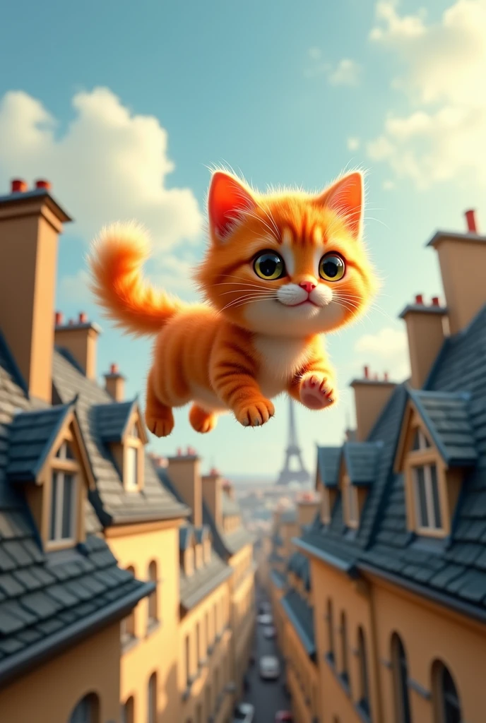 An orange cat flying over some houses in Paris.