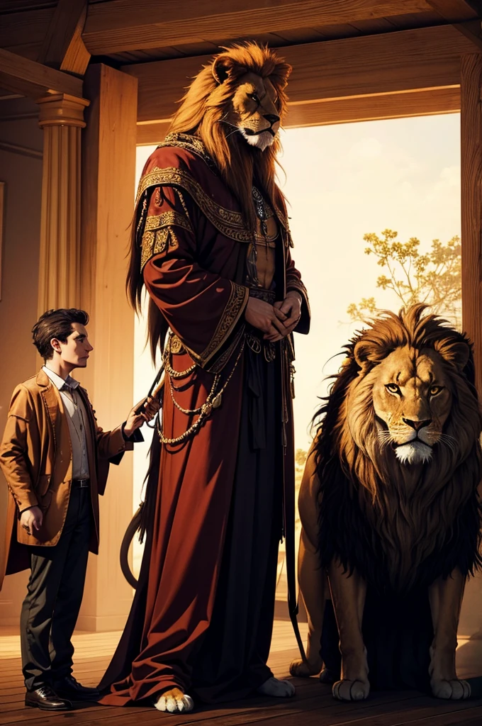 a very tall demon with a lion's head and goat's horns and bat's wings standing straight in a two-footed human pose, stern expression, confident pose, eerie glowing red eyes, tenebrosa fur, Crowbars, heavenly, muscular frame, a large sword stuck in the ground in front of him, detailed facial features, highy detailed, photorrealistic, light andshade contrast, dramatic lighting, fancy, surreal, tenebrosa, temperamental, thunder sky background, white fog in the foreground, reflection of water on the floor, skulls on the ground.