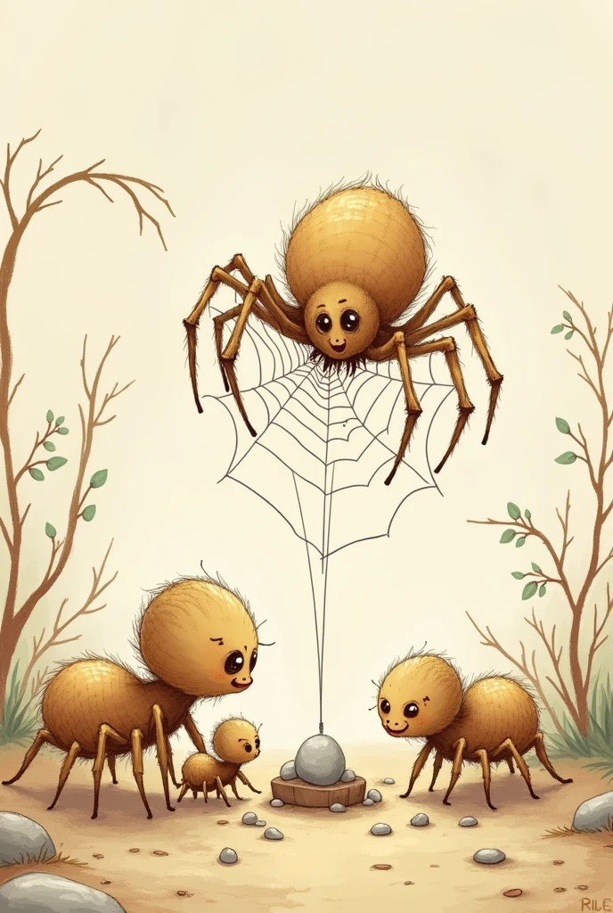  That the characters always appear the same, that they do not change their appearance and that they are VERY tender. 

Generate a collection of images. That the characters always appear the same, that they do not change their appearance and that they are VERY tender. 

 Let the same spider that you just showed me appear, weaving but among twigs and that little stones appear above the spider webs weighing them down, Around her is her family of spiders looking at her with an angry face and it is clear that she is being scolded for weaving badly..  the image must be for children

