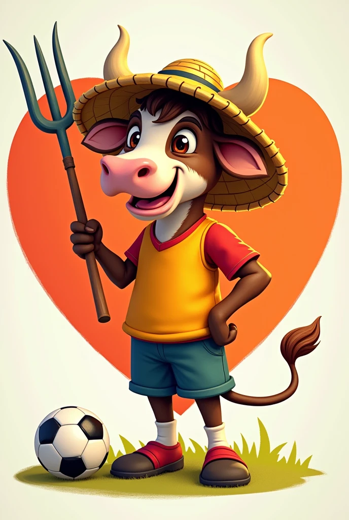 Animation of a team mascot. It will be a wild cow with a straw hat, holding a hoe in sportswear and a soccer ball at his feet, all this inside a background heart.