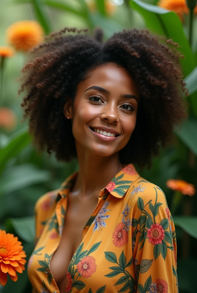 A Brazilian woman in a lush tropical garden, wearing an open shirt with a floral print, with a close-up capturing the harmonious beauty between her breasts and the natural flowers, showing off your natural charm and outgoing personality.