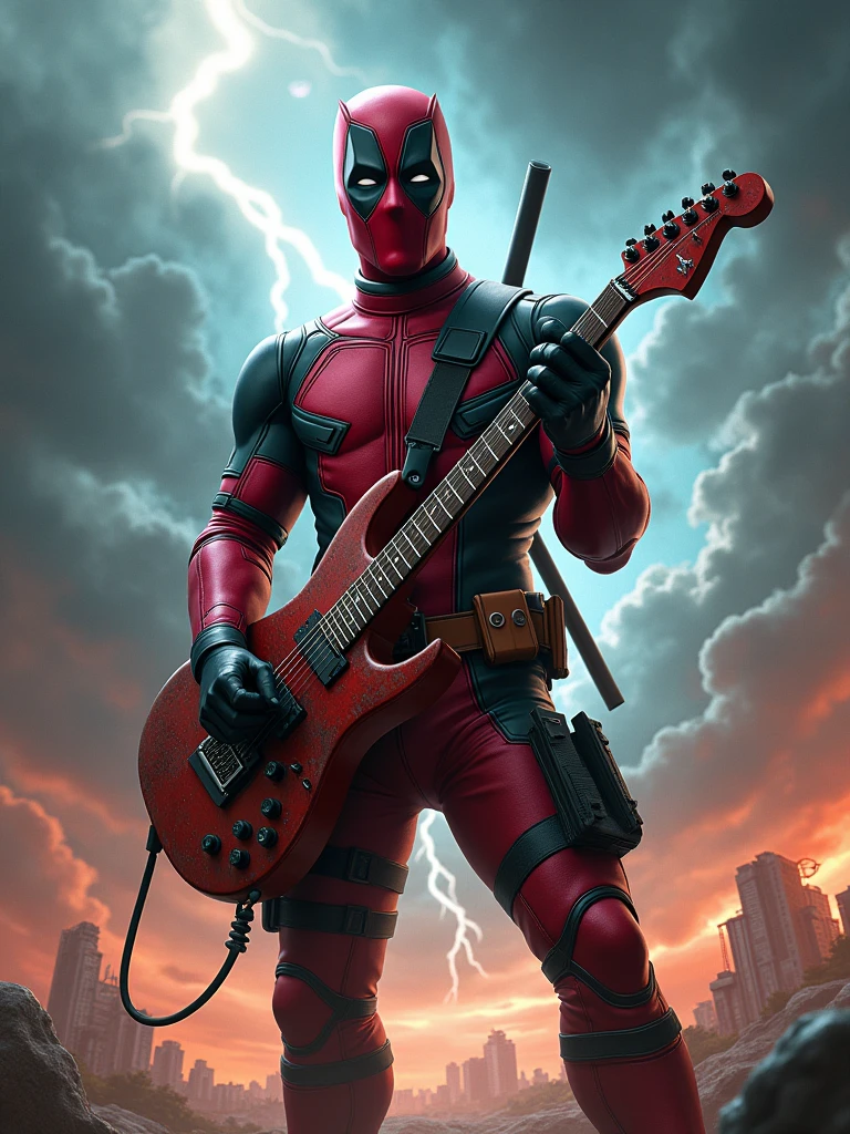 Rock Deadpool marvel with hammer shaped guitar with thunder in the background and a very rock vibes.