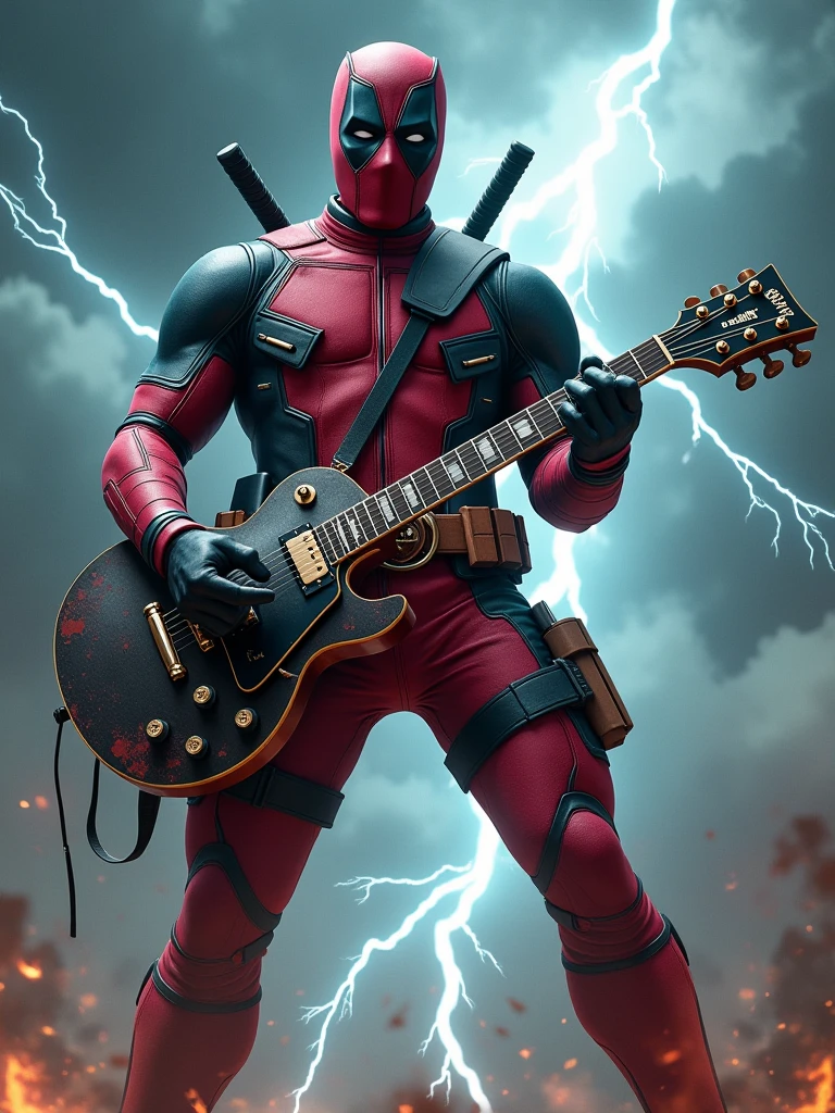 Rock Deadpool marvel with hammer shaped guitar with thunder in the background and a very rock vibes.