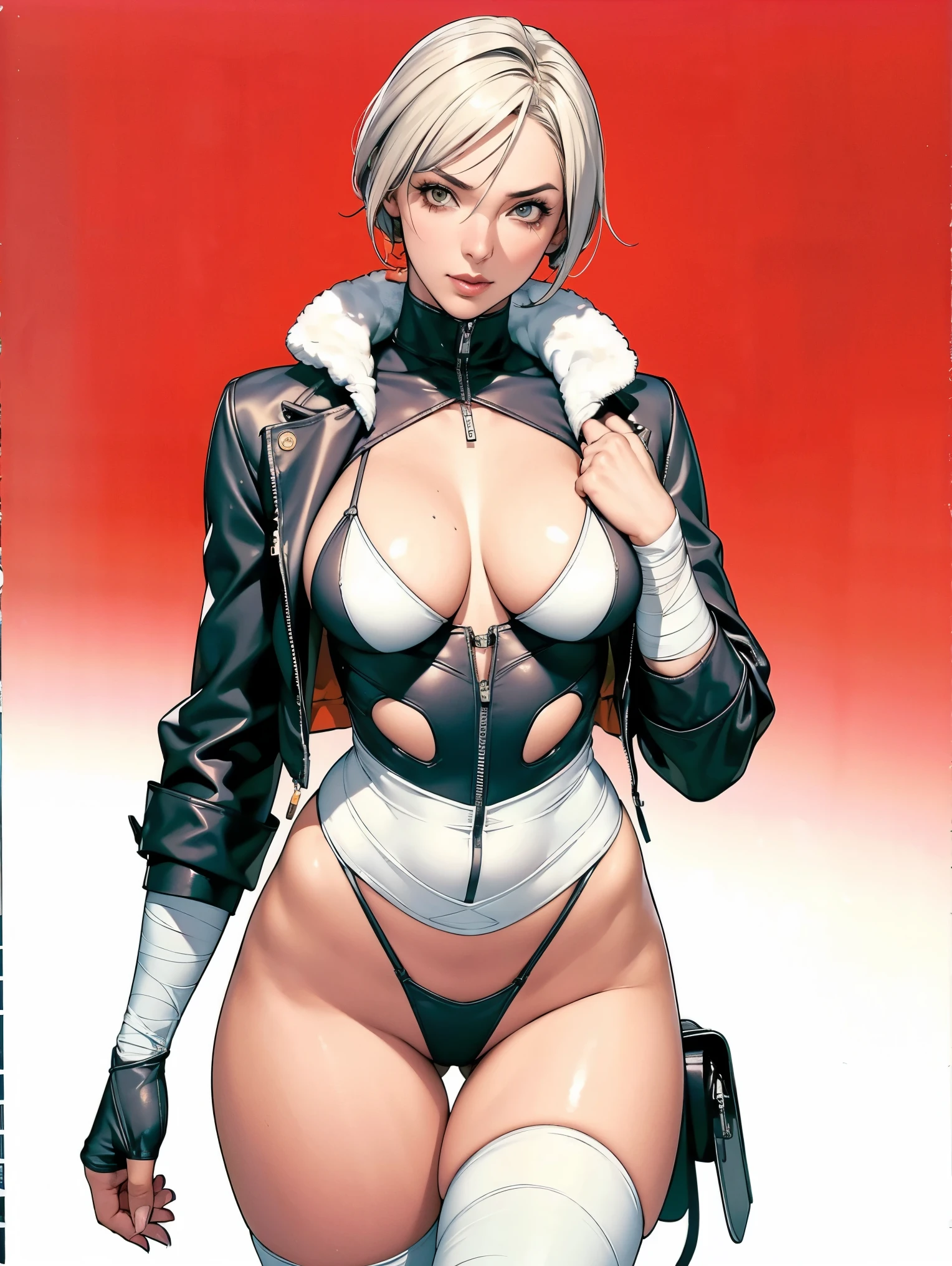 (((Annie Lennox))), (((colorful suit))), (scars), (((bandaged arms))), (((colorful clothes))) (( hood)), (((best quality: 1.4))), (Unbeatable masterpiece), (hyper HD),(CG 8k hyper-realistic), beautiful face, (((breasts big))), (((hyper feminine))), sexly girl, ((round face)), black tattoo,(ultra short red hair with white highlights)), ((( sculptural body ))), (((1 Kizi))), Kizi tatuada de 25 anos com perfect body, perfect hands, perfect fingers ,Beautiful and well-groomed face, (round face), muscular body:1.2,solid color detailed jacket, (Head to thigh photos), Complex equipment, ,Tight clothes,With white stars and off-white stripes,,,,,Armor Metal Electronic Parts, Poison tattoos ) INFO, Kizi, (((standing alone))), , 24歳, sexy, pose de attitude, work of art, dancing, ((slight smile)), post-apocalypse, (((manga style))), bounty hunter, the way you want, perfect body, roupa moderna, advanced technology, white, yellow accent, black, red accent, fur collar jacket, sleeves with vertical striped pattern, background city, (( cowboy shot )). intricate visual, narrow waist, (((wide hips))), wide hips, fit thighs, (((thigh gap))), Thigh gap, background shows a futuristic airplane, open expression, expression happy