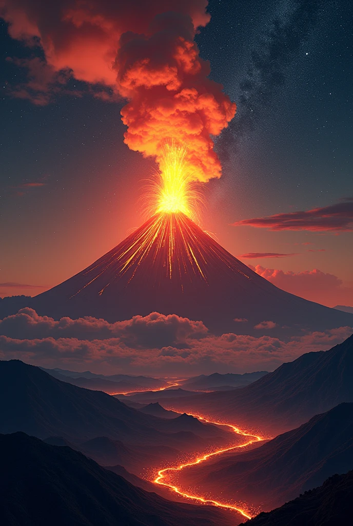 An erupting volcano amidst a green mountain range on the horizon, far away on a starry night