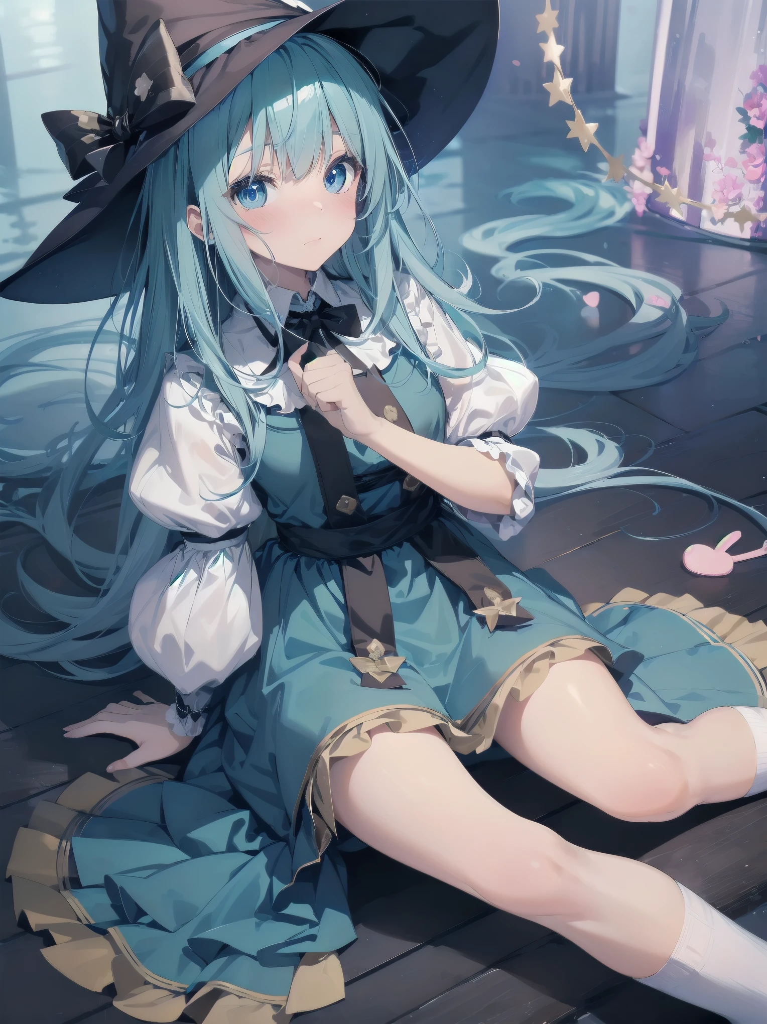 🎶, (🧙‍♀️), ✡, ✨(hat), , Alice in Wonderland, Alone, very beautiful, cute, adorable, embarrassed, alone, blue eyes, look at viewer, looking up, kawaii tech, pastel colors, kawaii, cute colors, Alice in Wonderland, alone, very beautiful, cute, adorable, embarrassed, alone, blue eyes