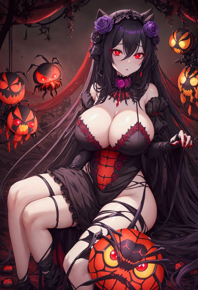 chica anime sexy (big breasts, huge breasts, heavy breasts) with long black hair and red eyes sitting in front of a spider., dark goddess, Gothic Maid Anime Girl, Spiders!!!!, Aracne, aracnofobia, with glowing red eyes, jorogumo long shot, anime monster girl, violet Spiders, Spiders