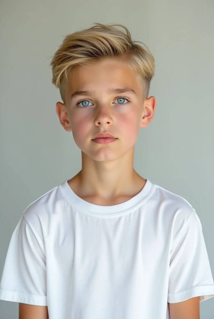 Little boy look like a model with blonde hair Ivy League Charm Hair style with blue eyes wearing white t
shirt epic realism
who looks realistic as possible and human