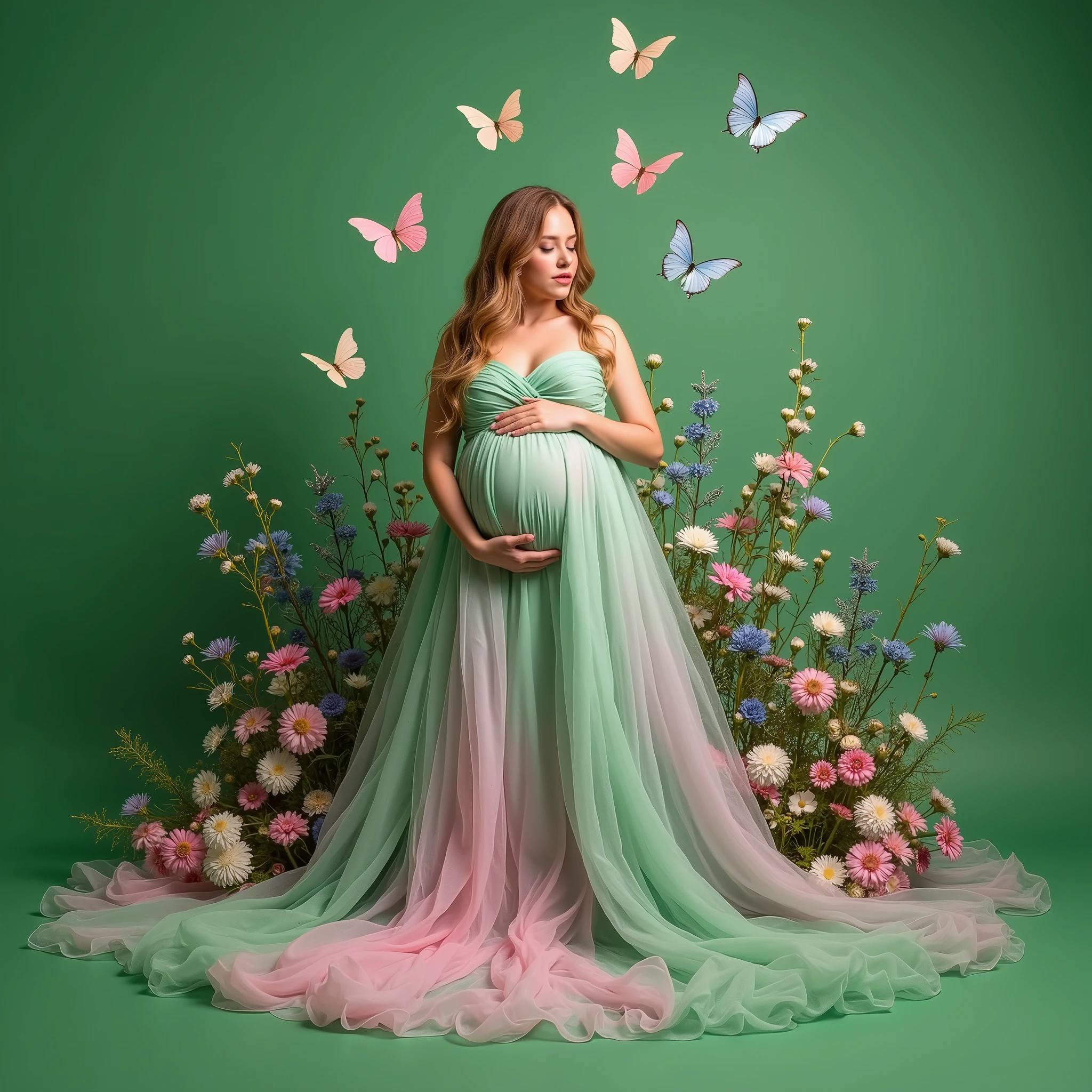 pregnant woman in green dress surrounded by flowers and butterflies, a colorized photo by Elena Guro, shutterstock, conceptual art, blue and pink colors, blue and pink, blue and pink color scheme, cyan photographic backdrop, pink and blue colour, pink and blue colors, flowing gown, pastel blues and pinks, lady with glowing flowers dress, pink and green