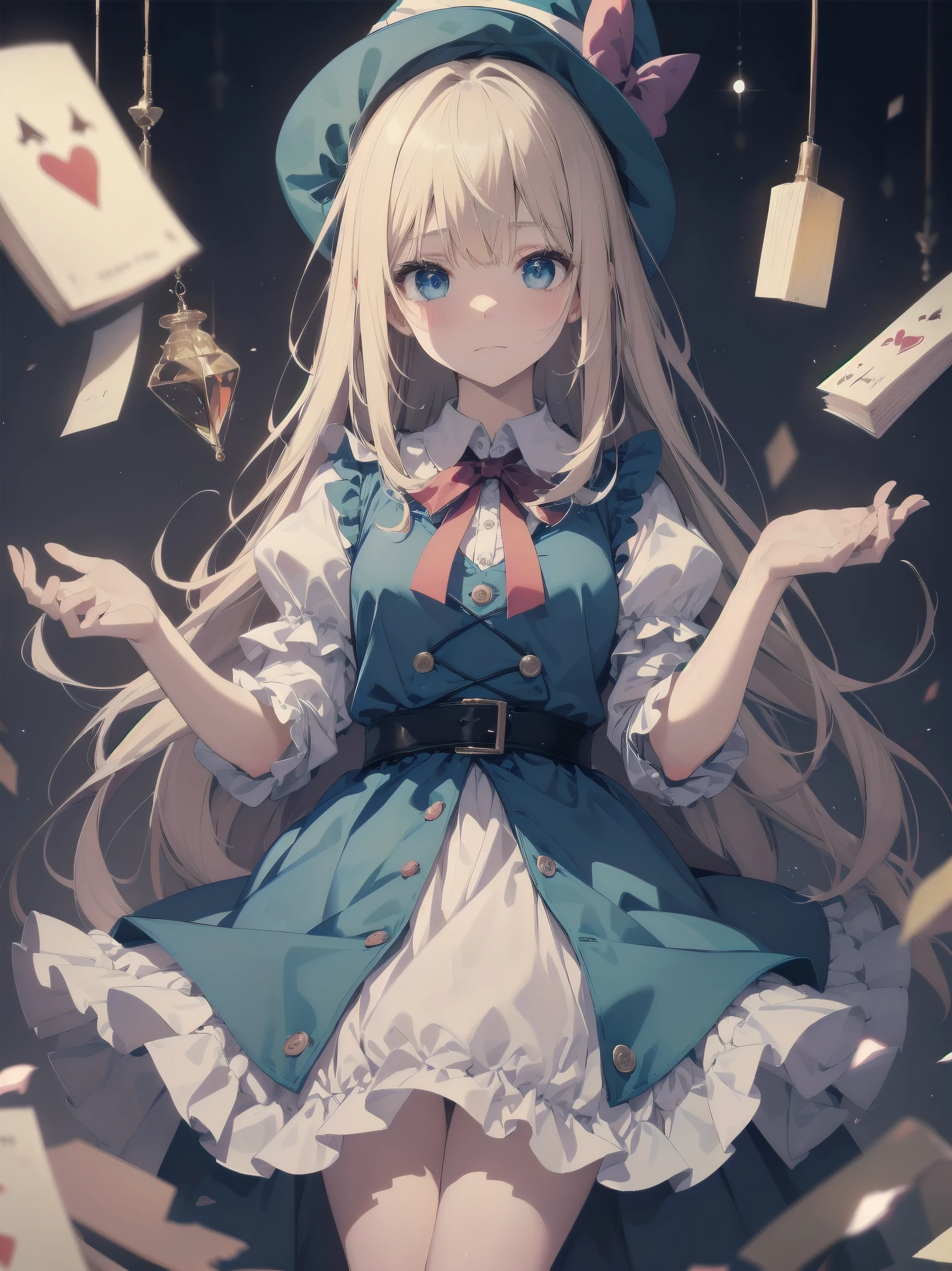 🎶, (🧙♀️), ✡, ✨(hat), , Alice in Wonderland, Alone, very beautiful, cute, adorable, embarrassed, alone, blue eyes, look at viewer, looking up, kawaii tech, pastel colors, kawaii, cute colors, Alice in Wonderland, alone, very beautiful, cute, adorable, embarrassed, alone, blue eyes