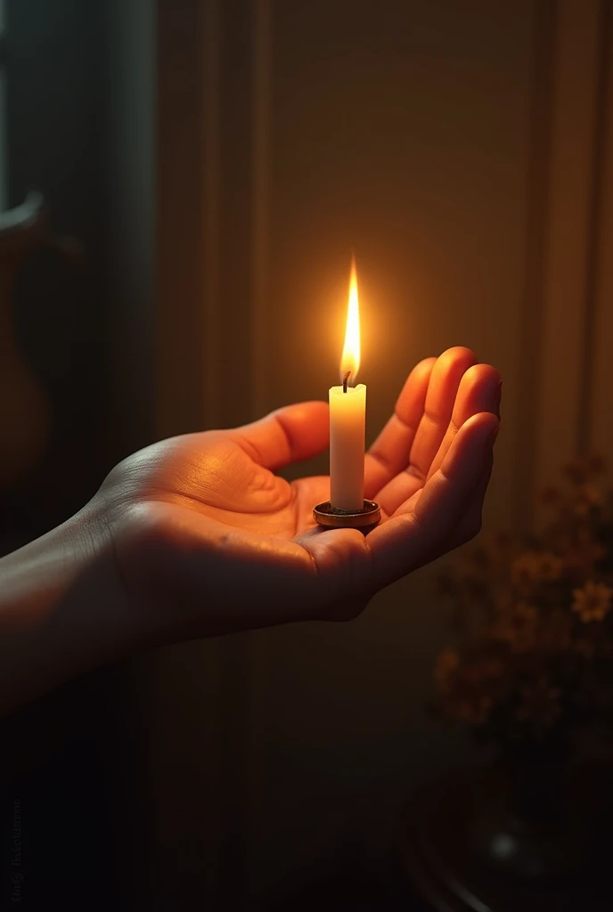 Hand holding a candle illuminating the environment 