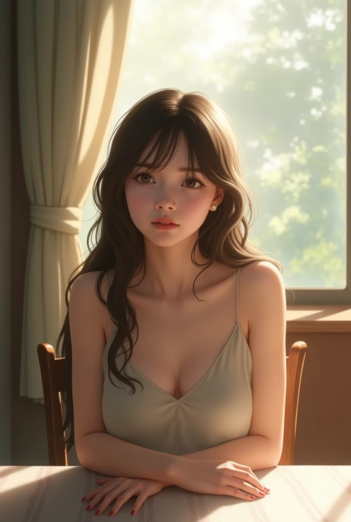 Actress Kyoko Fukada looks like morning、Put your hands on the table and look ahead、Camisole outfit、hair is long and brown、