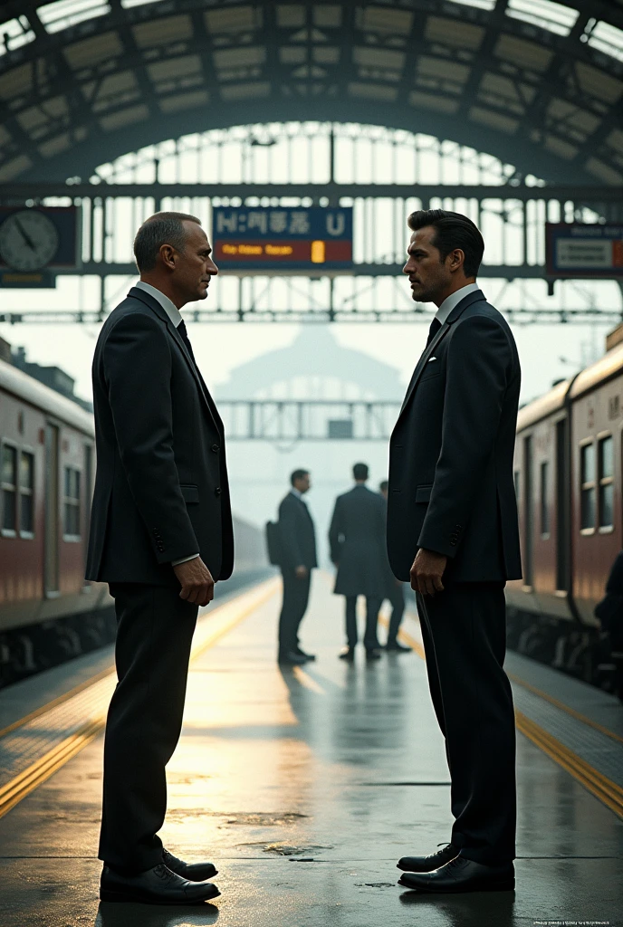 A man standing next to a landen and the other man standing on the other side of the platform looking at this fucking shit is useless