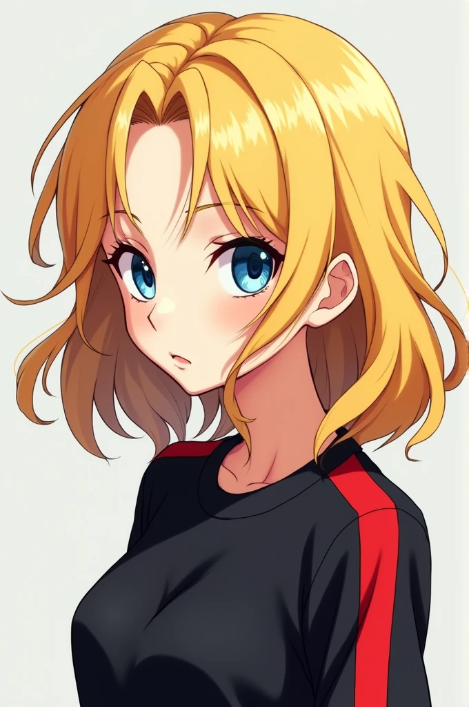 Anime character woman with blonde hair wearing a black shirt with red stripes
