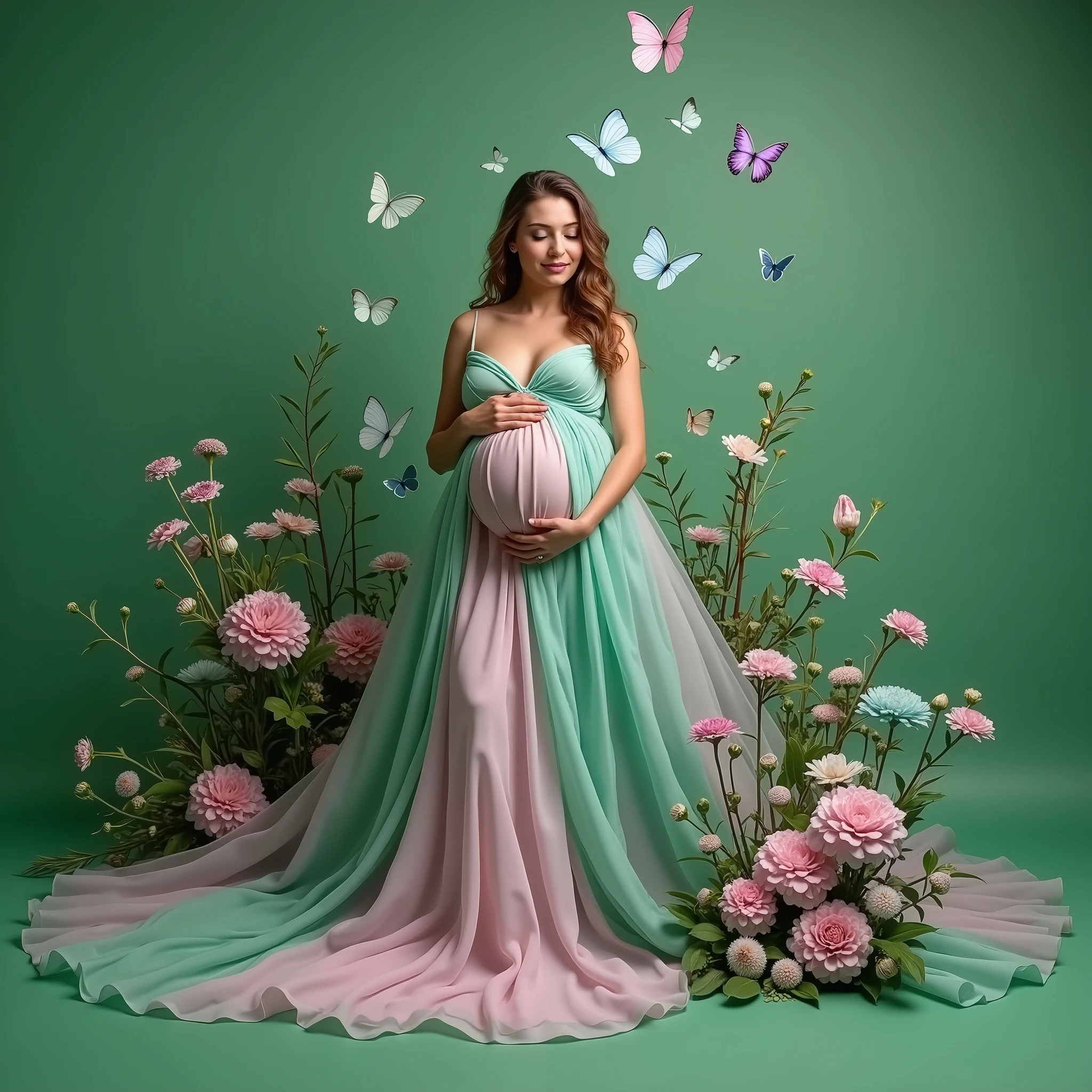 pregnant woman in green dress surrounded by flowers and butterflies, a colorized photo by Elena Guro, shutterstock, conceptual art, blue and pink colors, blue and pink, blue and pink color scheme, cyan photographic backdrop, pink and blue colour, pink and blue colors, flowing gown, pastel blues and pinks, lady with glowing flowers dress, pink and green