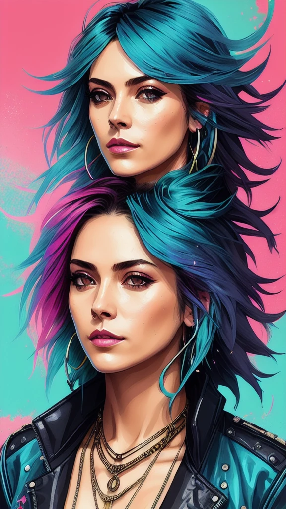 swpunk style synthwaveaward winning half-length portrait of a woman in a motel, big breasts and hot body naked, with teal navy blue ombre hairstyle with flying hair, paint splatters, splashes, overdrive, vaporware, shaded flat illustration, art digital, artstation trends, highly detailed, fine detail, intricate, imagem sem nenhum defeito,  bracos correto cabeca correta