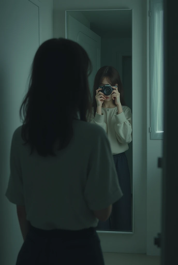 A girl taking a picture in the mirror with her back turned, half blurry and covering her face