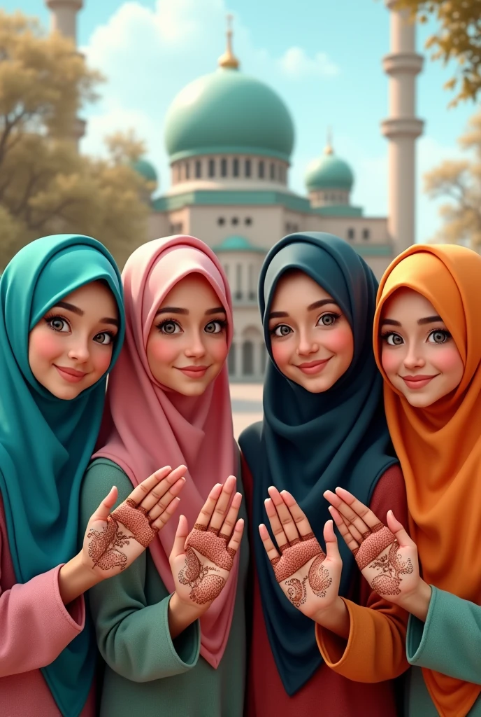 Four hijab girls of 18 years, wearing jewelleries, standing near the masjid, they are smiling, write their name Munawara, Rabab, Humaira and Zareen on thei hands with the help of mehdi