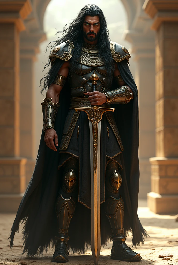 A strong Egyptian soldier, with green eyes and long hair, wearing black set armor representing darkness and a large, sharp sword with a stand to store it
