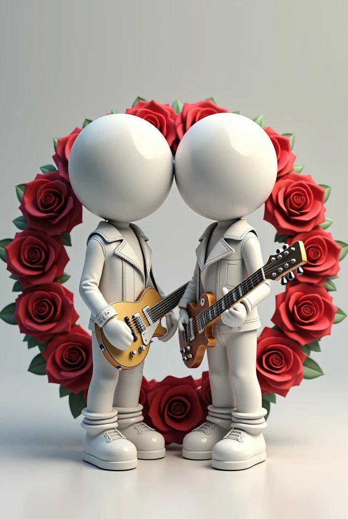 Create two characters that are chess pawns wearing a leather jacket and holding an electric guitar.. The head should be spherical without eyes similar to a real chess pawn and without legs but like the base of a real chess pawn. The base, The head and hands must be white.... Surround the characters with a circular garland of red roses like the Guns N' Roses band logo.'n roses