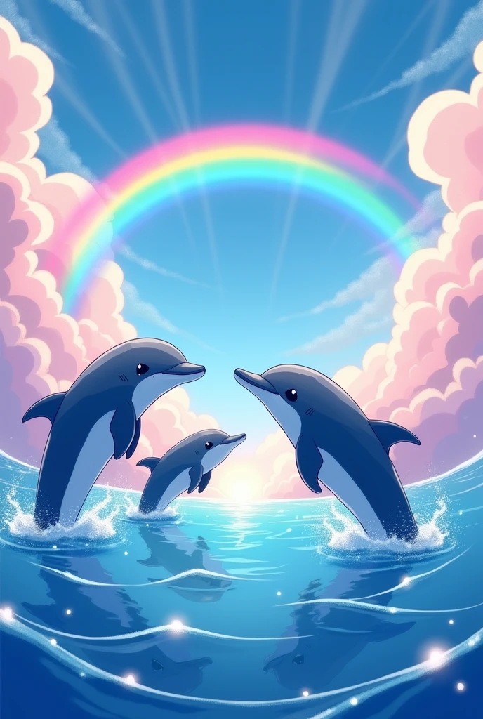 Dolphins in the sea coming out with a very colorful background full of rainbows and lots of pink and blue anime-like colors very cute