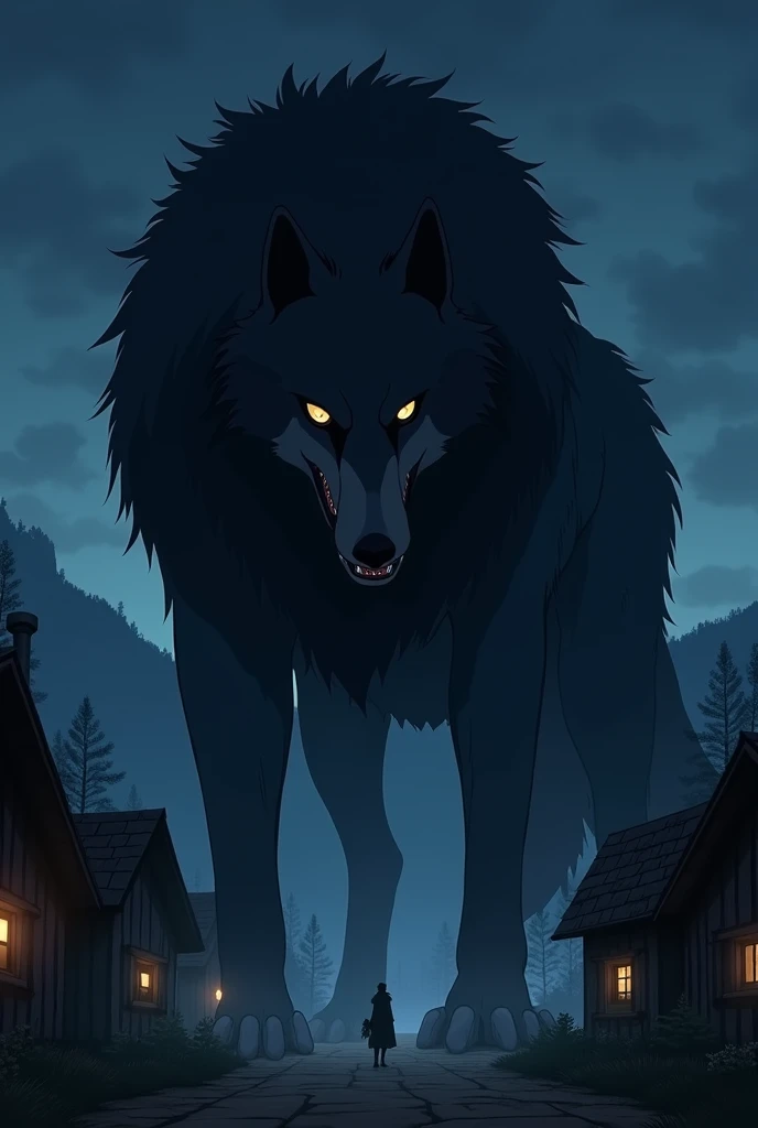 The image is anime style cowboy bebop and Darker than black with shadows and dim lights, anime style although somewhat adult and dark, It shows a gigantic black wolf with a long snout and sharp teeth., barking between wooden houses. The wolf is so big that the houses are not even as big as his legs.. It&#39;s night, you can see hills behind 