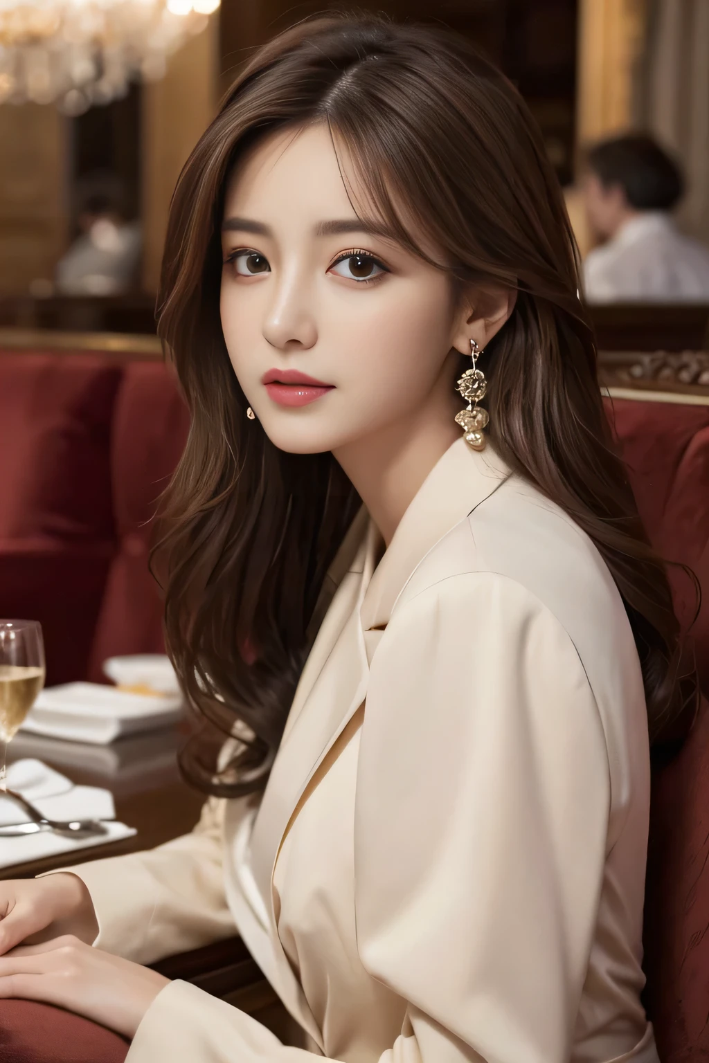 masterpiece, Highest quality, Realistic, Very detailed, Finer details, High resolution, 8k wallpaper, One beautiful woman, Wear a nice suit, In a great restaurant, At night, Light brown messy hair, Perfect dynamic composition, Beautiful and beautiful eyes、Big earrings、Sit on the sofa