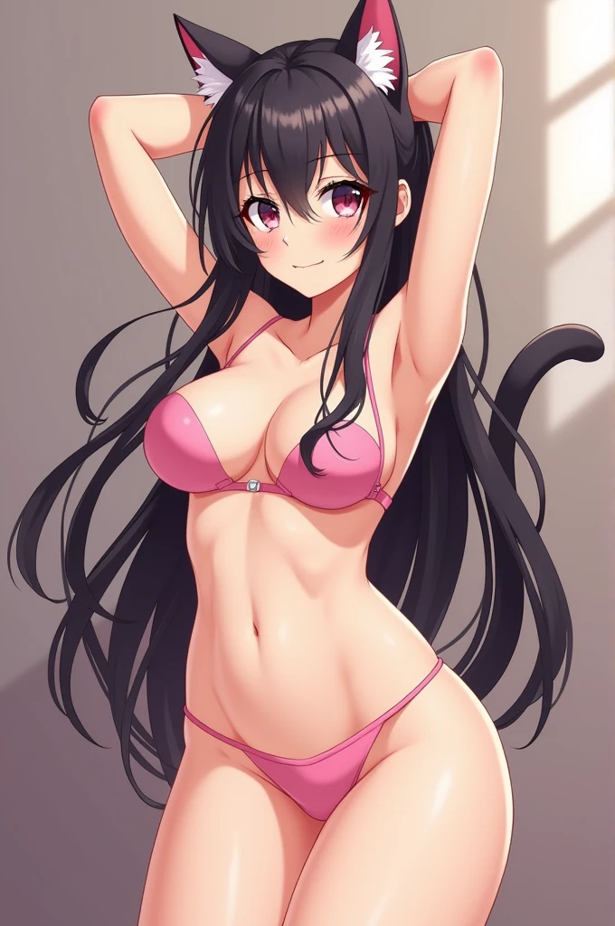 anime girl with cat features, no clothes, pink niples, small tits, big ass and big thighs