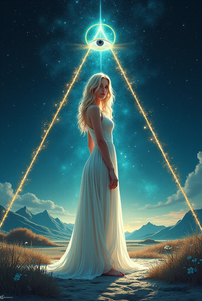 label for beer "MONJE OF SKY": central character: A pretty woman, 200cm tall wide hips, beautiful and blonde in an elegant dress, barefoot looking at the camera. Symbolic Element: The woman is located inside an equilateral triangle, that stands out in the design. bottom: A starry night sky, using bright and light colors. Mystical element: in the sky, There is a second smaller equilateral triangle with an eye in the center (in the style "All-seeing eye").