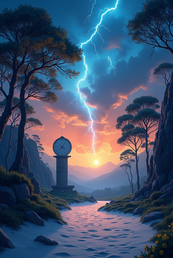 Sky, rock , tree, hill station, night
Orange blue colour mix lightning ,wind, realistic , white sand , bigger clock,