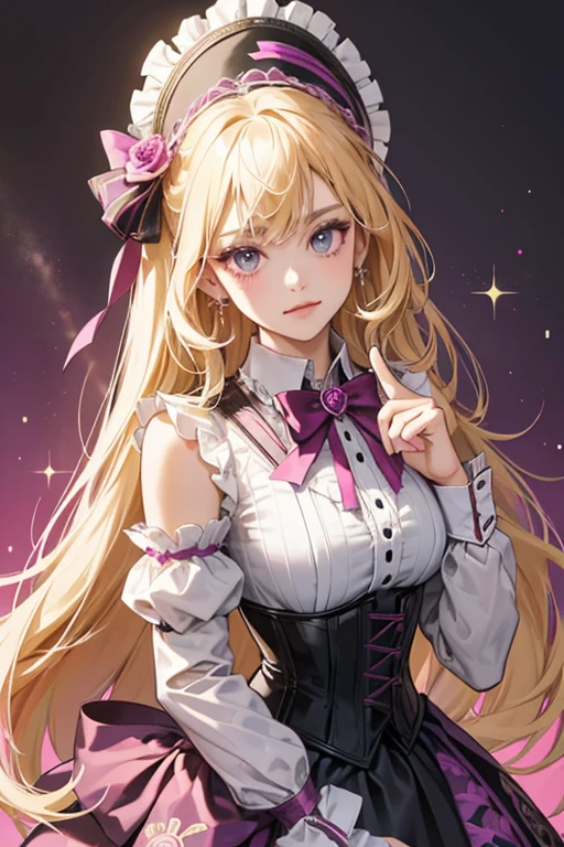 Lyney blond hair wears an ornate black top hat with magenta details, a striped magenta-and-purple ribbon tied in a bow, a bronze chain, and her cat motif as decorations. sHe wears a sleeveless white ruffled shirt, over which sits a black corset-like piece with two layered long tails, the top layer black with black details and the bottom layer magenta with black pinstripes and a with magenta diamond-print lining. sHe has detached white sleeves and white gloves that are black at her middle phalanges up to her finger tips, and her thumbs.
The corset-like article is attached to her shorts, which have a diagonal ruff running from higher on the right to lower on the left. These shorts are attached to garters, which also hold up her black socks. A short harness of brown straps is fastened across her front and back, and wears a black and magenta half-capelet on her right shoulder, with a magenta rosette ribbon bearing her signature cat motif pinned at the bottom. This half-capelet is fastened around her neck by a purple collar, closed with two layered magenta and striped bows at the front. At the back of her waist is a big black bow, on which she bears a Pneuma-aligned Pyro Vision. SPARKLE; GLITTER