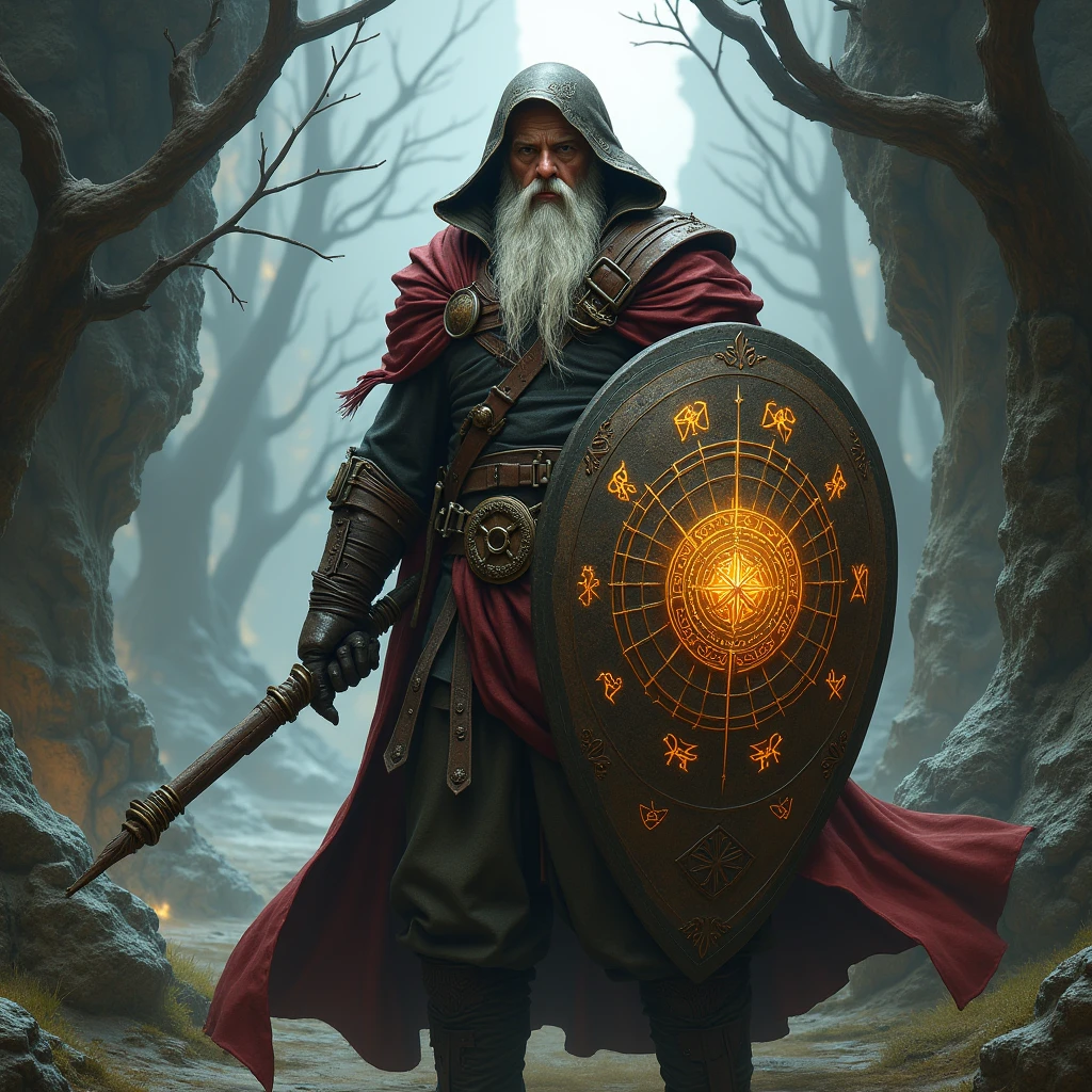 a leather-clad wizard using a heavy shield