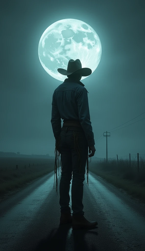 A deserted road at night, lit only by the light of the full moon. In the center of the road, the tall, thin figure of El Silbón, with his back turned, wearing tattered cowboy clothes and a wide-brimmed hat. He is standing still, looking at the horizon, conveying a sense of mystery and imminent danger.