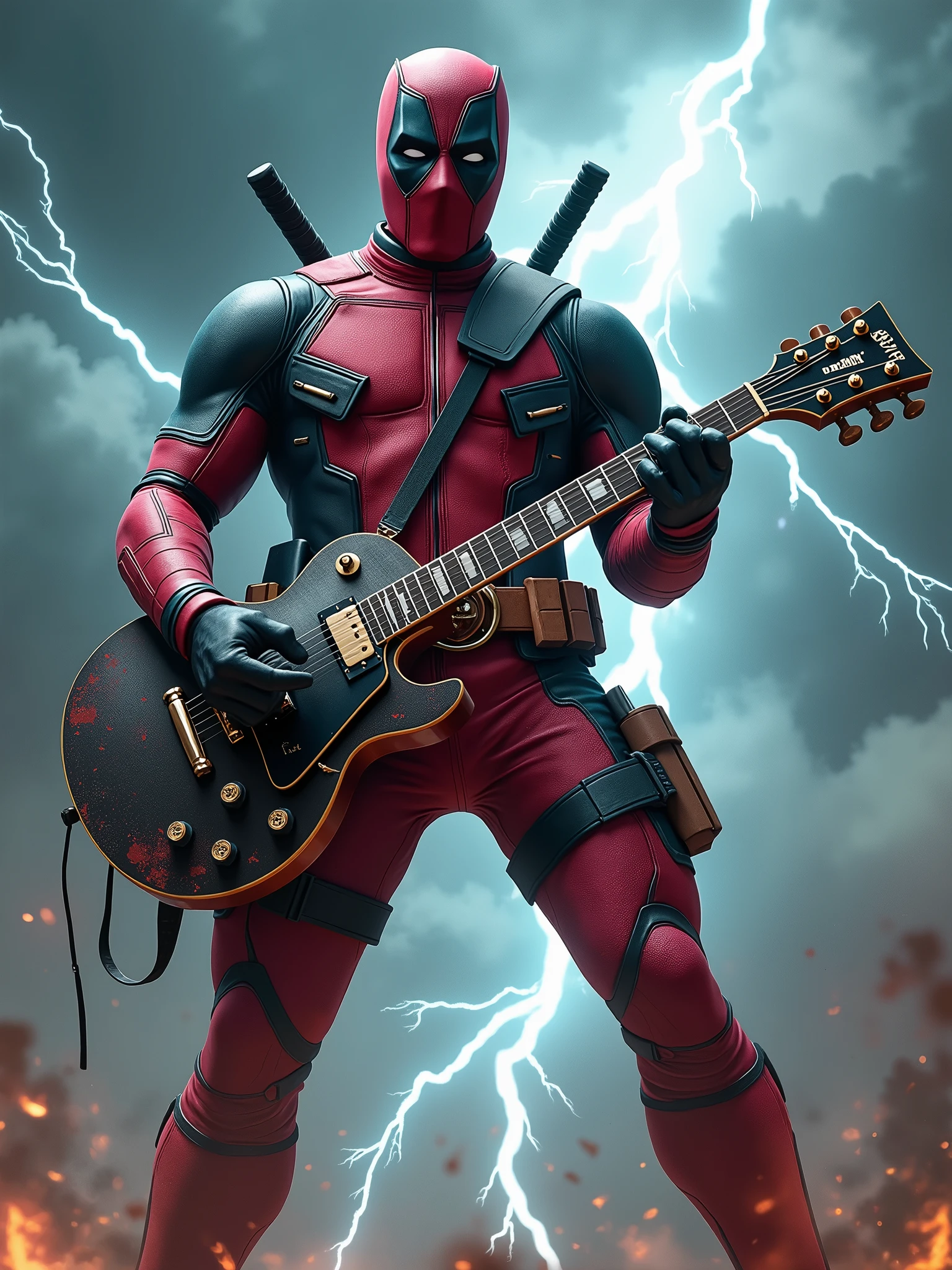 Rock Deadpool marvel holding the microfon singing with a background of thunder and a very rock vibes.