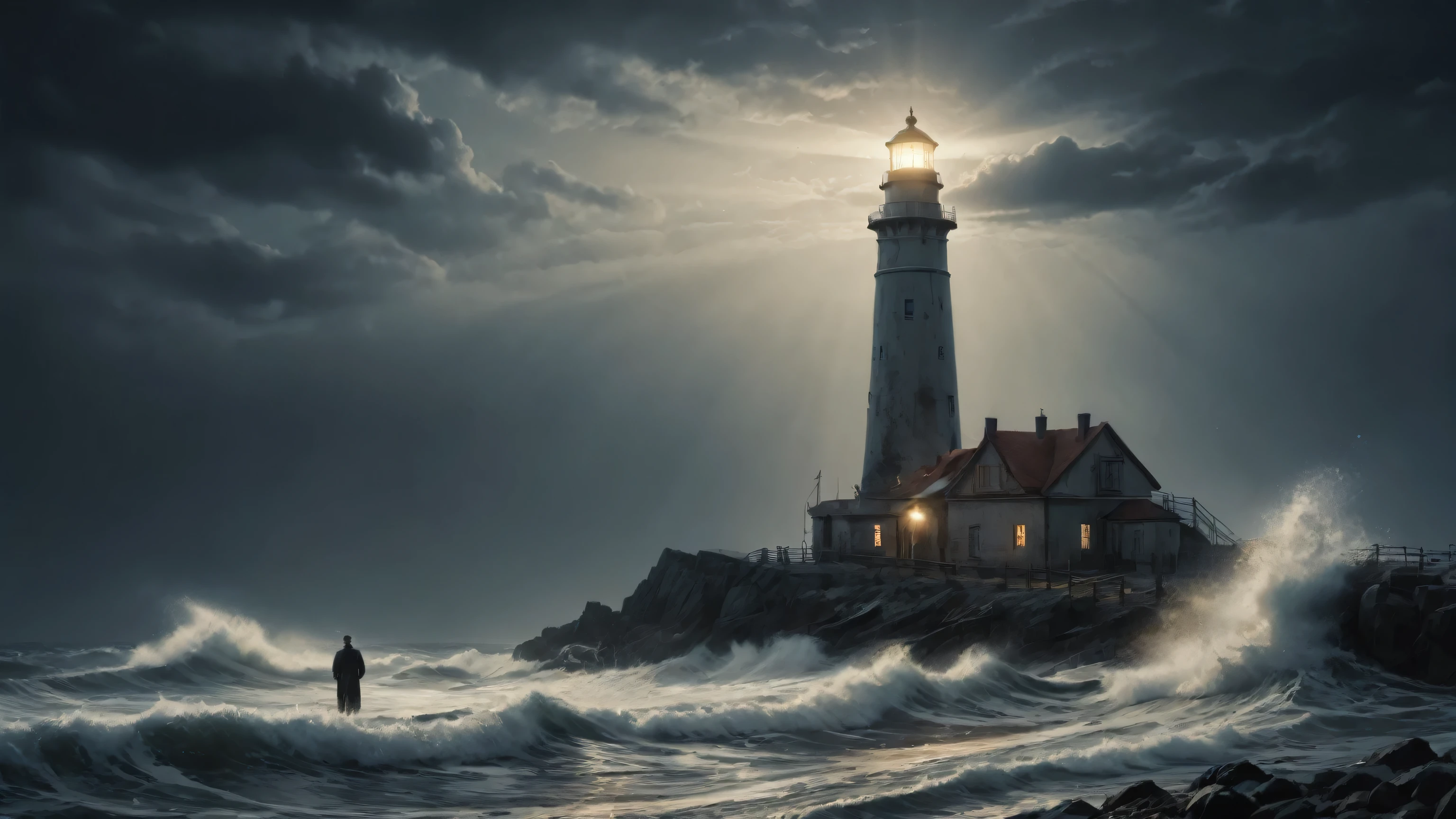 Lighthouse, Stormy night, crashing waves, nighttime, light beam, realistic 