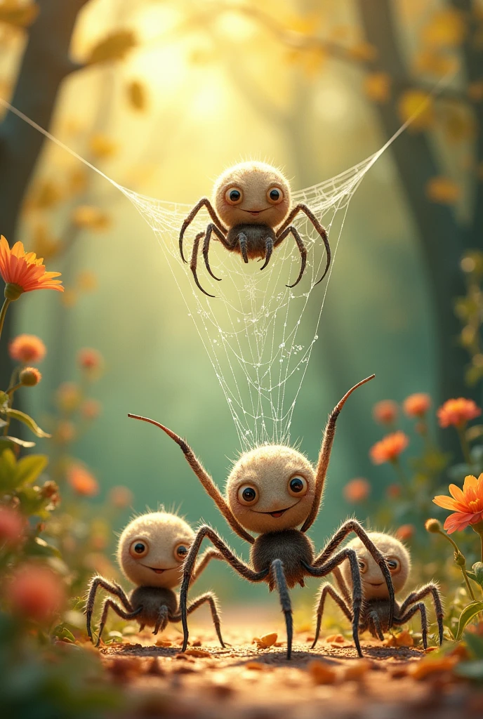 Generate a collection of images. That the characters always appear the same, that they do not change their appearance and that they are VERY tender. The image must be for children Image 3: It shows the little spider with a web that is different from the other spiders..
