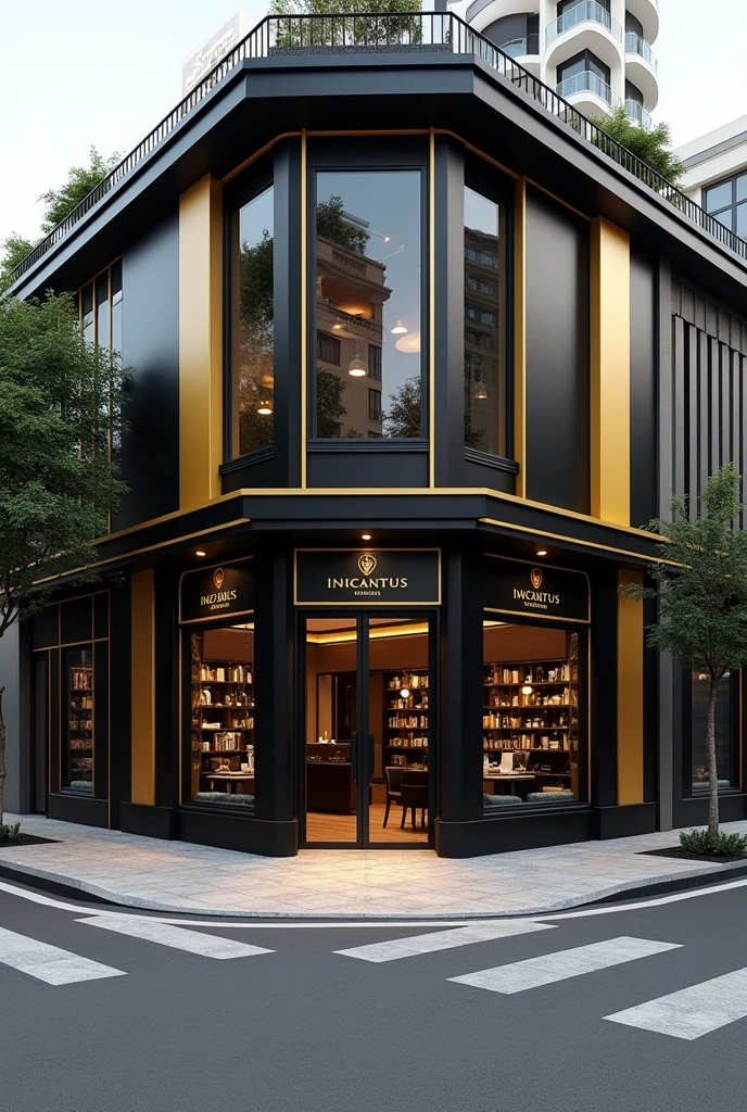 corner property , with accessible facade and sidewalks , black and gold color with Incantus Imobiliaria sign , black and gold , office ground floor