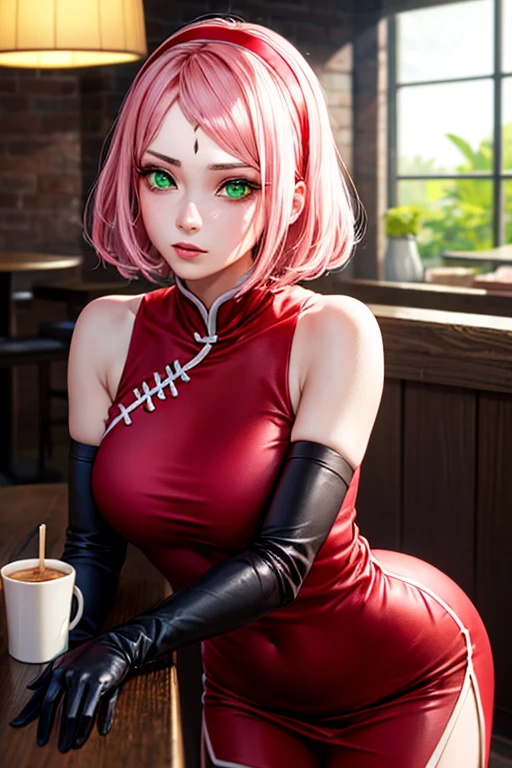 masterpiece, Highest quality,  (Unreal Engine), reality, Super Resolution,  Very detailed, Complex, colorful, Clear images, Sharp focus, Digital Blending, 

One Woman, sakura haruno, short hair, bangs, (greeneyes:1.5), pinkhair, hairband, facial mark, (forehead mark:1.2), red hairband, (swept bangs:1.5), Puffy nipples, Perfect Eyes, Perfect Face, Ultra detailed hair, Ultra detailed face, Very detailed lips, Vivid expression, Healthy Body, Beautifully detailed sweat glands, Smooth skin texture, Carefully drawn,

((humidity:1.2), Sticky with sweat), chinese clothes, dress, red dress, short skirt, black shorts, gloves, black gloves, sleeveless, Bold sexy pose,  

In the world of Naruto, in a coffee shop, (Shot on Sony α9, Dynamic Angle), Browsing Caution, 