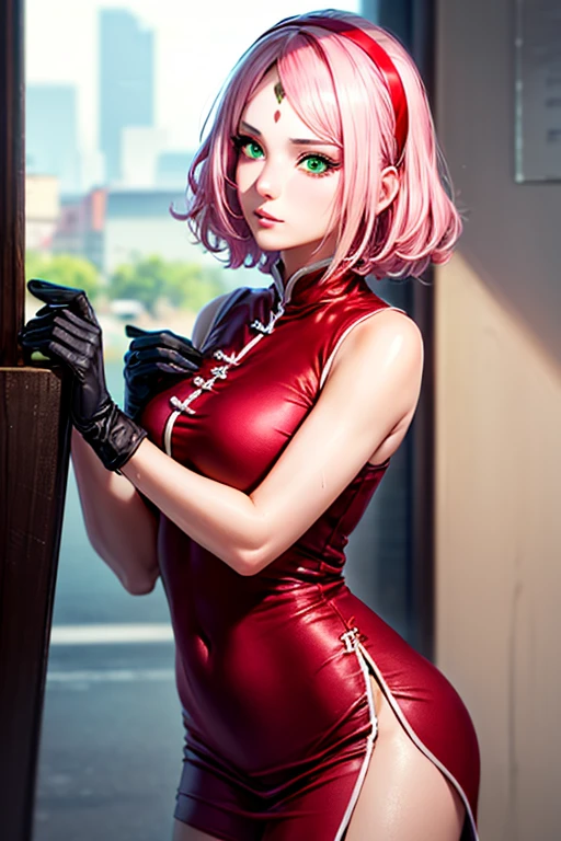 masterpiece, Highest quality,  (Unreal Engine), reality, Super Resolution,  Very detailed, Complex, colorful, Clear images, Sharp focus, Digital Blending, 

One Woman, sakura haruno, short hair, bangs, (greeneyes:1.5), pinkhair, hairband, facial mark, (forehead mark:1.2), red hairband, (swept bangs:1.5), Puffy nipples, Perfect Eyes, Perfect Face, Ultra detailed hair, Ultra detailed face, Very detailed lips, Vivid expression, Healthy Body, Beautifully detailed sweat glands, Smooth skin texture, Carefully drawn,

((humidity:1.2), Sticky with sweat), chinese clothes, dress, red dress, short skirt, black shorts, gloves, black gloves, sleeveless, Bold sexy pose,  

In the world of Naruto, in a coffee shop, (Shot on Sony α9, Dynamic Angle), Browsing Caution, 