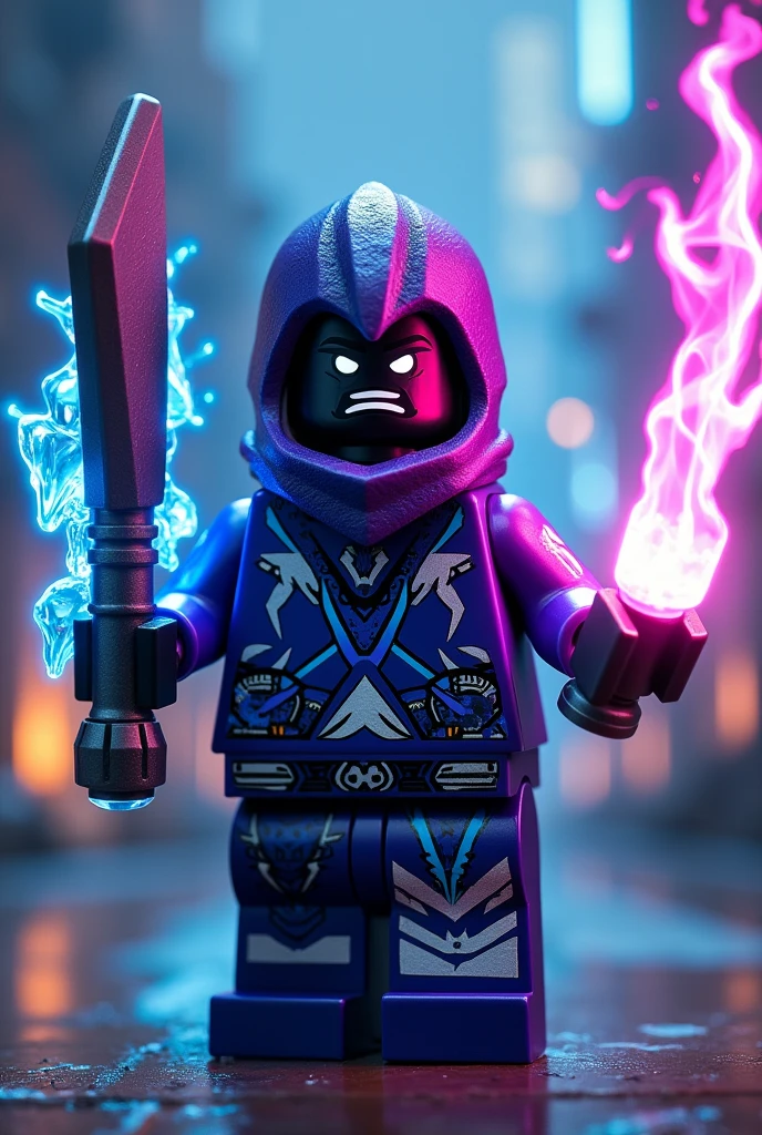 Créer moi un lego ninja go futuriste avec un chapeau sur la tête avec une puissance incroyable avec comme puissance élémentaire la foudre l’énergie la terre le feu l’eau la glace et la lumière. Les habits du ninja doit être en violet et bleu avec des reure en forme d’électricité avec une peau noir et un regard terrible sombre avec des yeux lumière  brillant. Un ninja imbattable monstrueux beaucoup trop puissant qui contrôle tout les pouvoirs élémentaire extraordinaires. Avec la mega arme ultime dans une main et dans l’autre des pouvoirs d’énergie foudre glace et feu