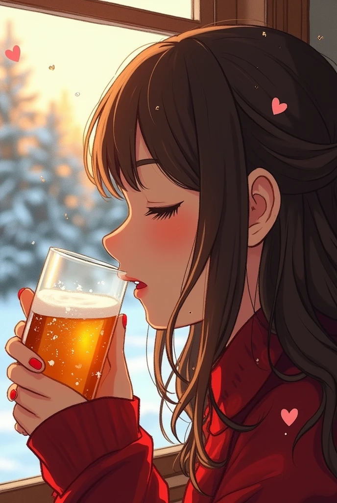amazing , Cel Shading,oil,((Post-Impressionism)),Post-Impressionism,Water Drop,good,Soft lighting,nice,super close up shot,Looking out the window,Snow Outdoors,(drinking beer), (Establishing Shot:1.5), (Side view:1.5),Long Hair, Brown Hair, shiranui mai,(( Red birch pullover)),Upper Body, (LOL:1.1), (Open your mouth:1.1), close your eyes, Sun glare, Bokeh, Depth of written boundary, Blurred Background, Particles of light, Strong winds, (Heart Particles:1.2),Red nose,((Cleavage)),